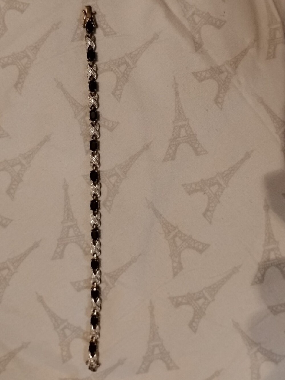 Onyx & Pave Crystals .925 Sterling Silver Tennis Bracelet Safety Clasp 7.25"L
